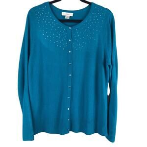 CJ Banks Blue Teal Rhinestone Accents Button Front Long Sleeve Cardigan Sweater